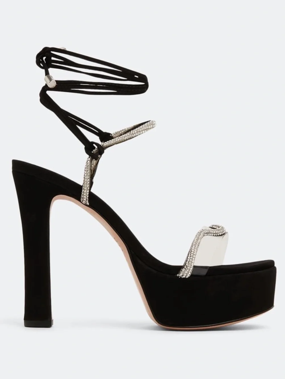 SCHUTZ Black Suede Brilliant platform sandals with Crystal and Clear Strap